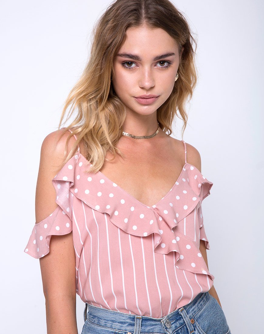 Corpiño con hombros fríos Reilly en Spot Stripe Rosa y Blanco