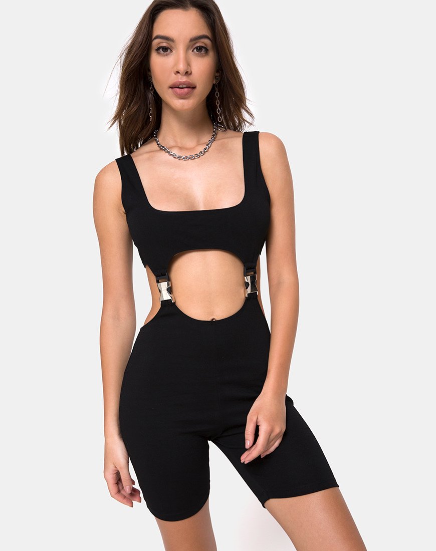 Requi Unitard negro con hebillas plateadas