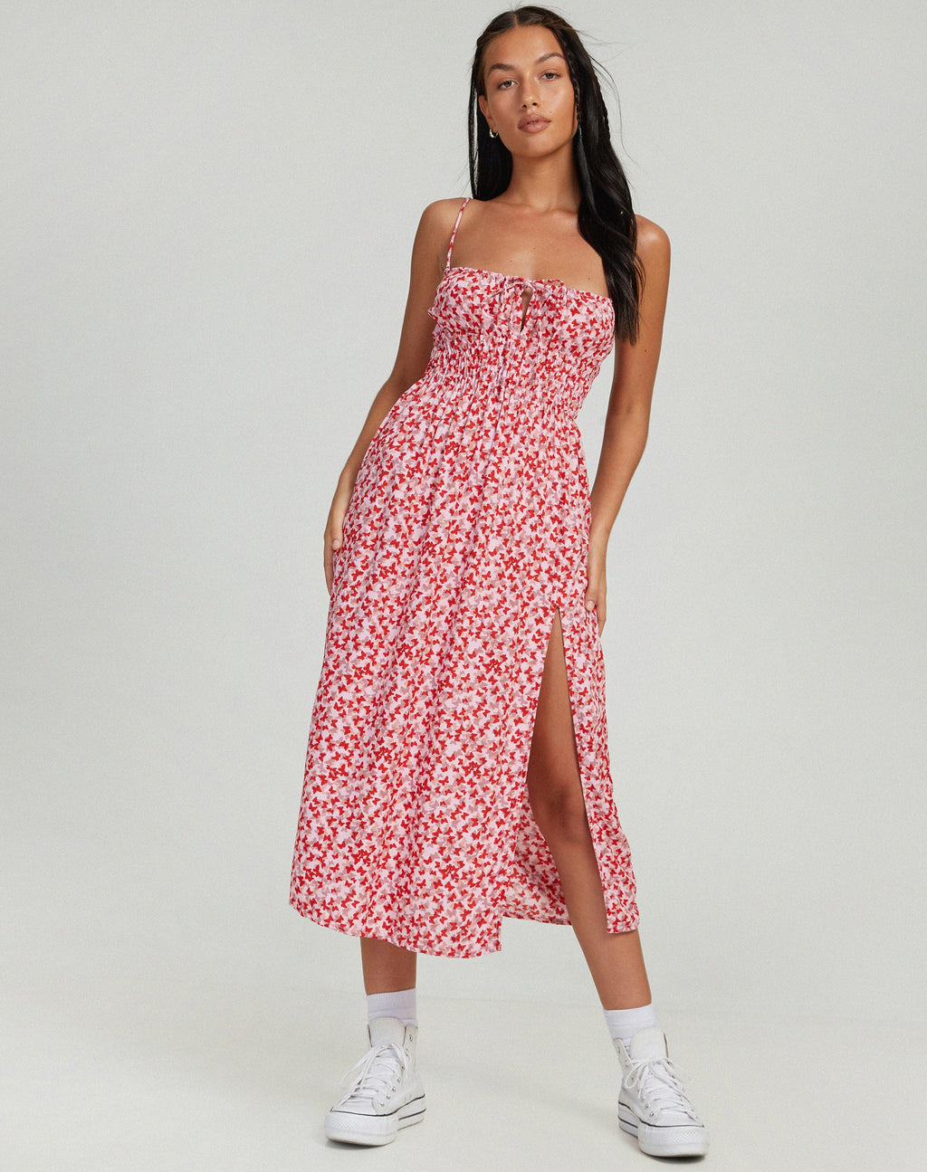 Vestido Jeyro Midi en Ditsy Butterfly Melocotón y Rojo