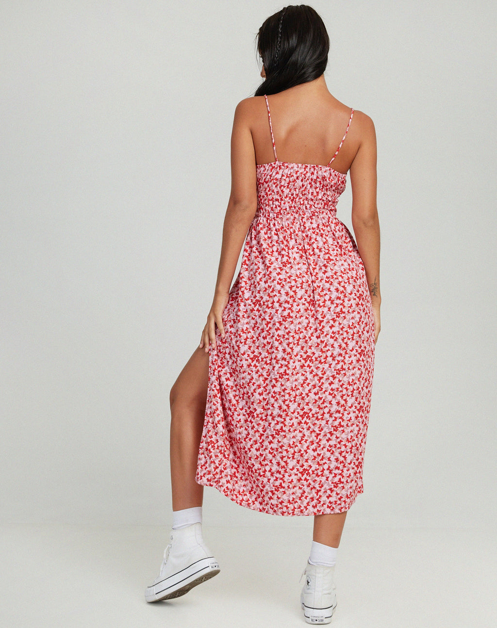 Vestido Jeyro Midi en Ditsy Butterfly Melocotón y Rojo