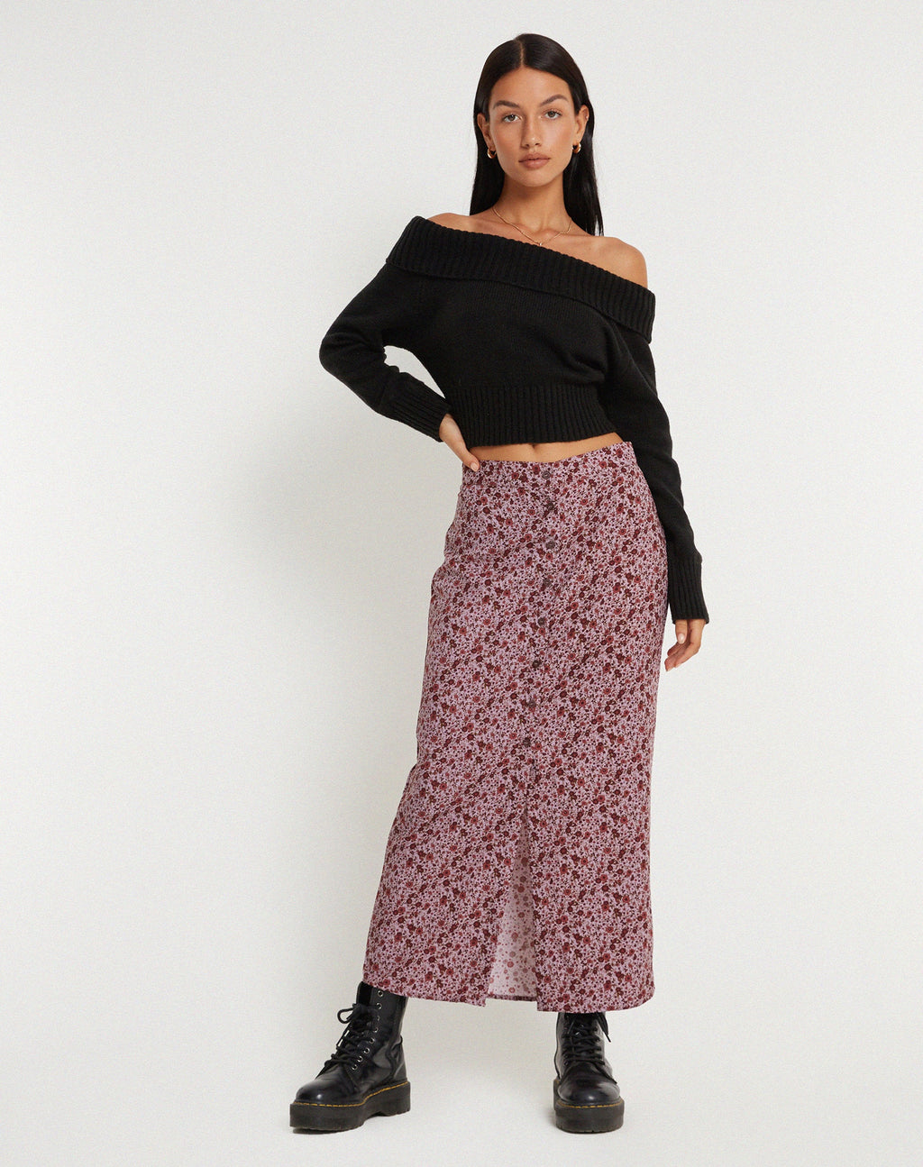 Relow Maxi Falda en 90's Floral Borgoña
