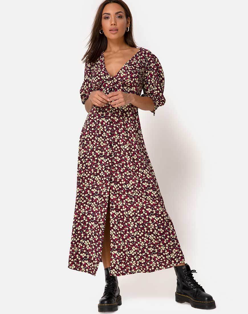 Vestido Rigita en Floral Campo Ciruela