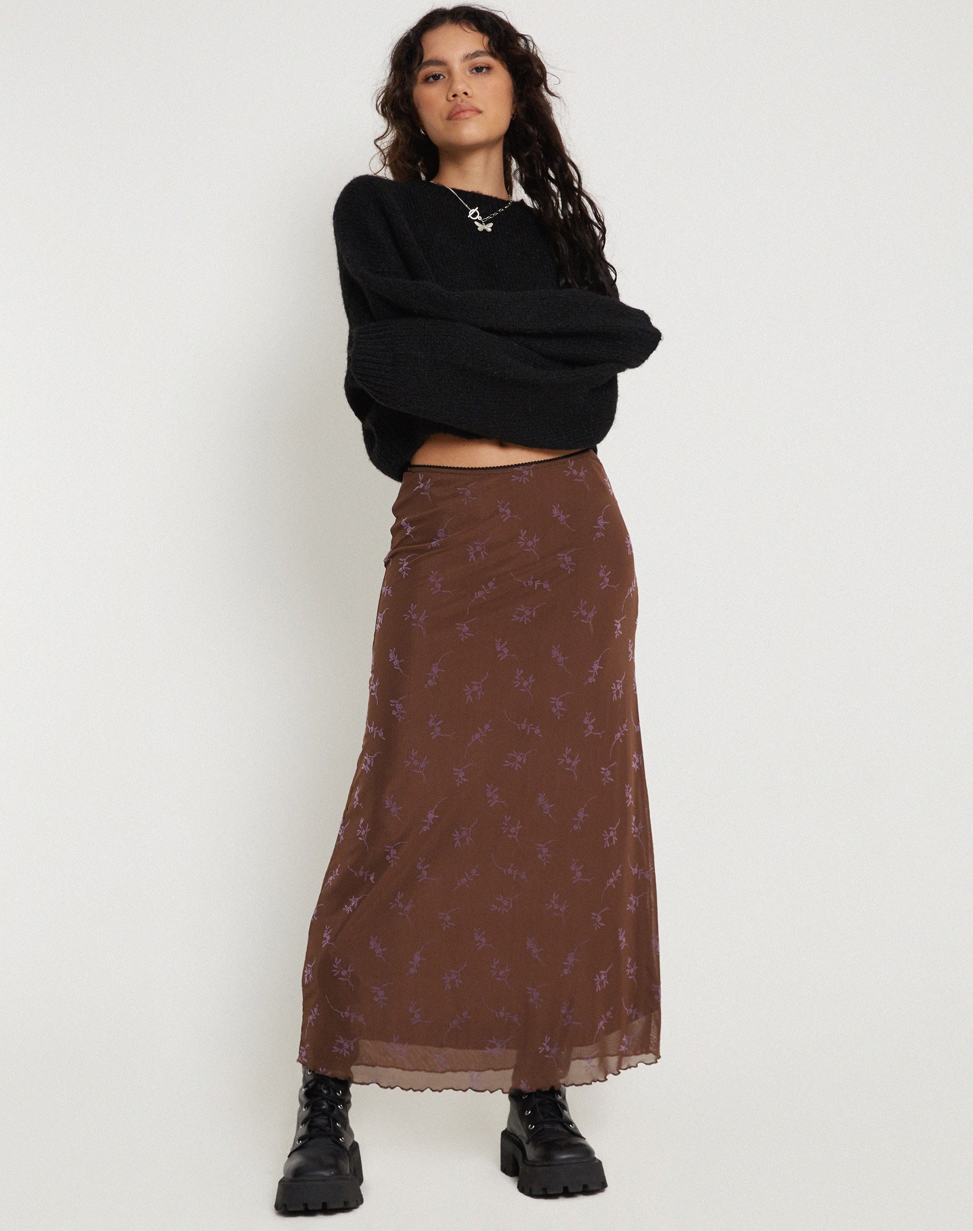 Imagen de Rindu Maxi Skirt in Flower Stem Flock Marrón