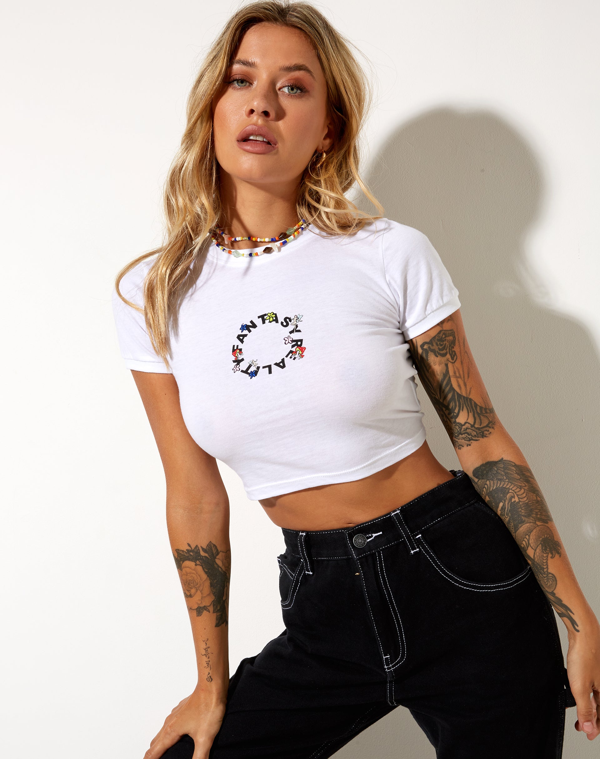 Imagen de Ringer Tee in White Fantasy Reality Mix Print and Embroidery