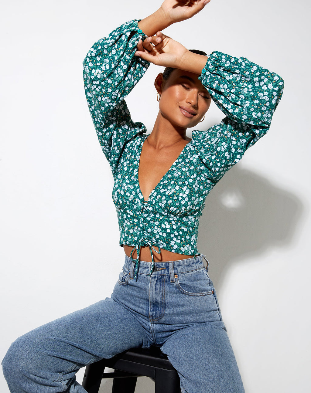 Romina Top de Manga Larga en Floral Verde Campo