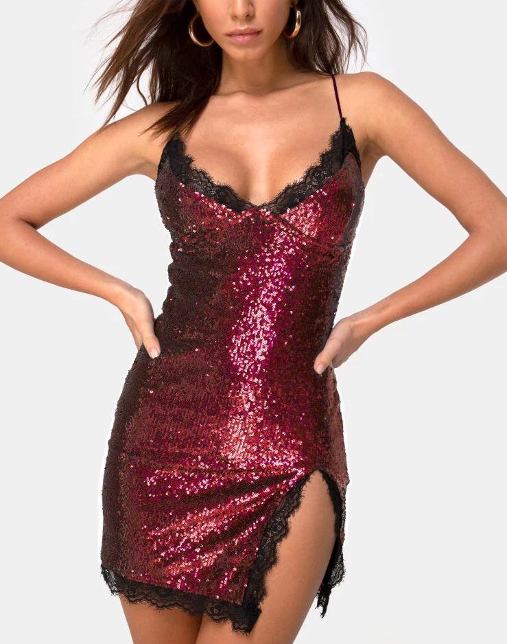 Vestido Romini de mini lentejuelas burdeos con encaje negro