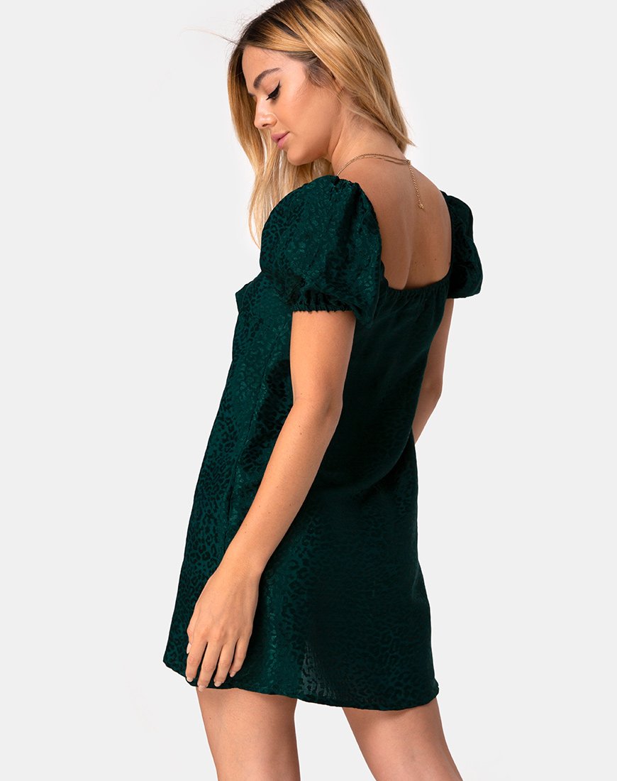 Vestido Ropelle de satén guepardo verde bosque