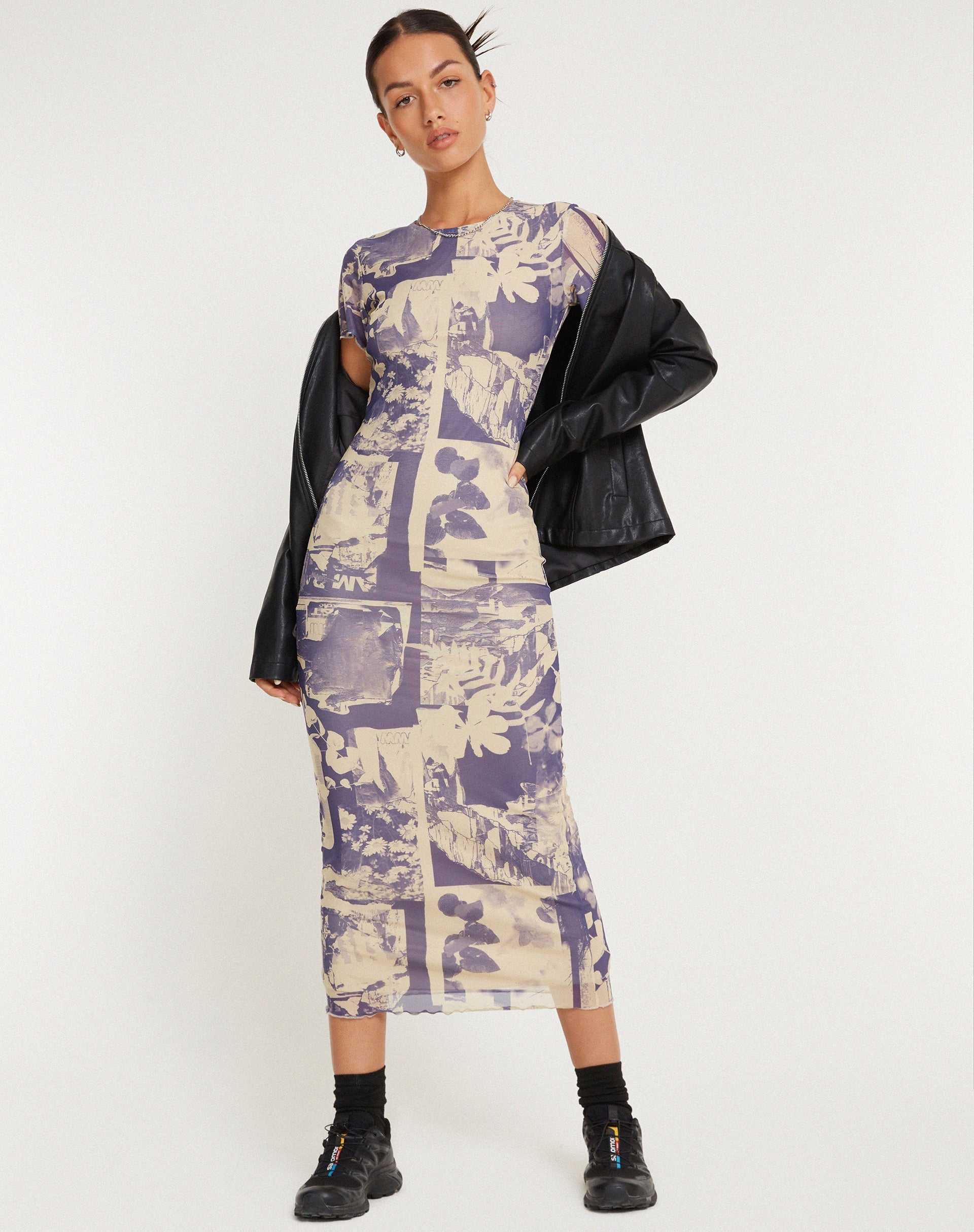 Imagen de Roska Vestido Midi de Malla Estampada en Collage Floral Sombra Morado