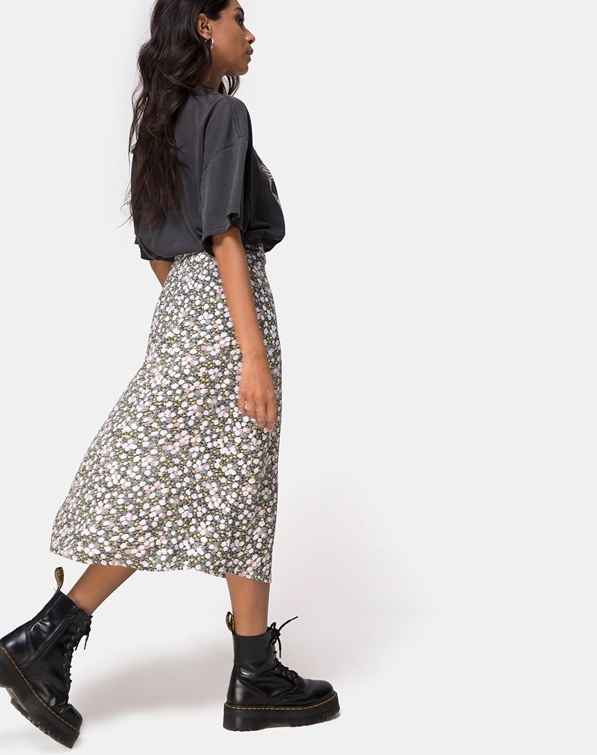 Falda Saika Midi en Floral Field Oliva