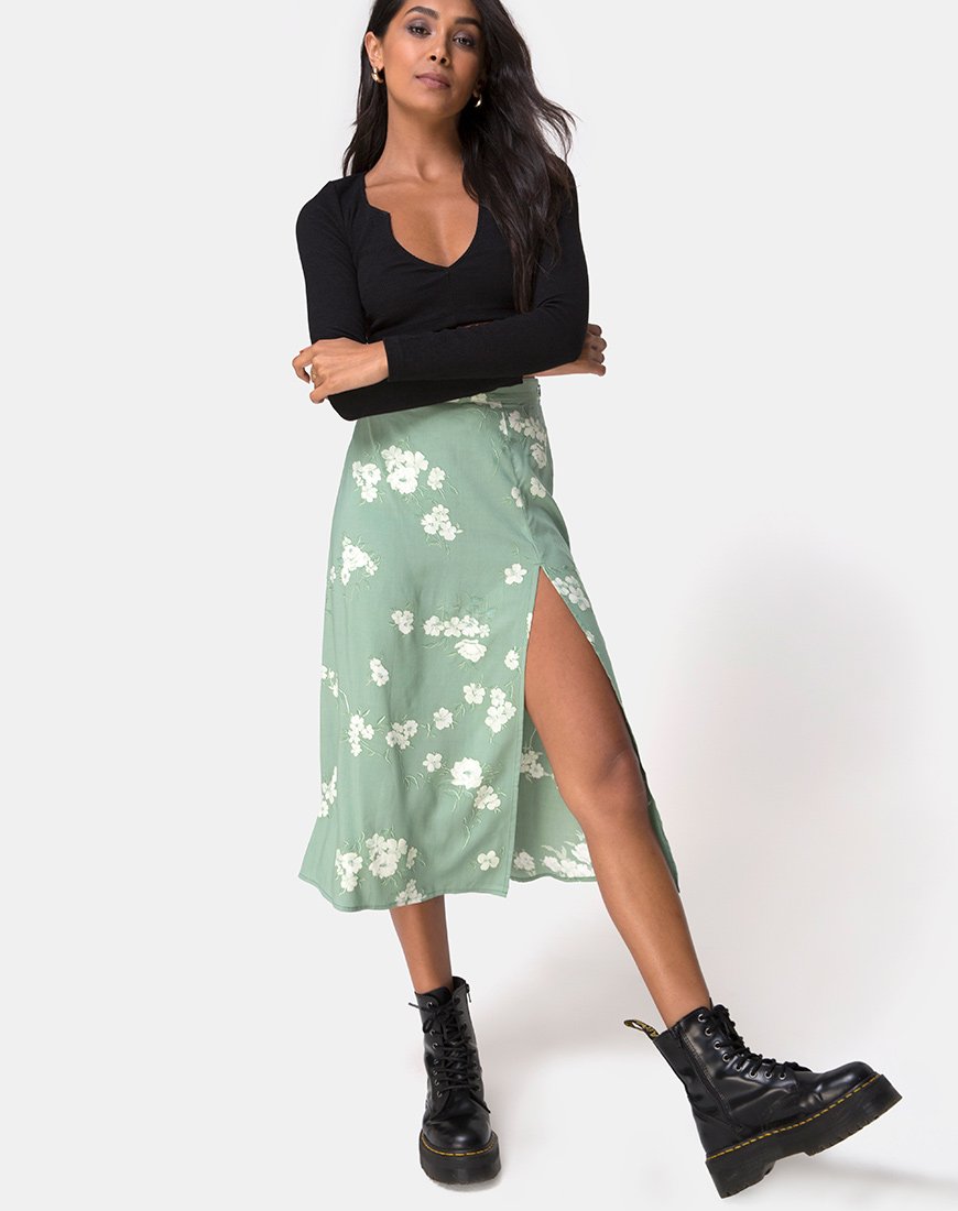 Falda Saika Midi en Mono Flor Verde