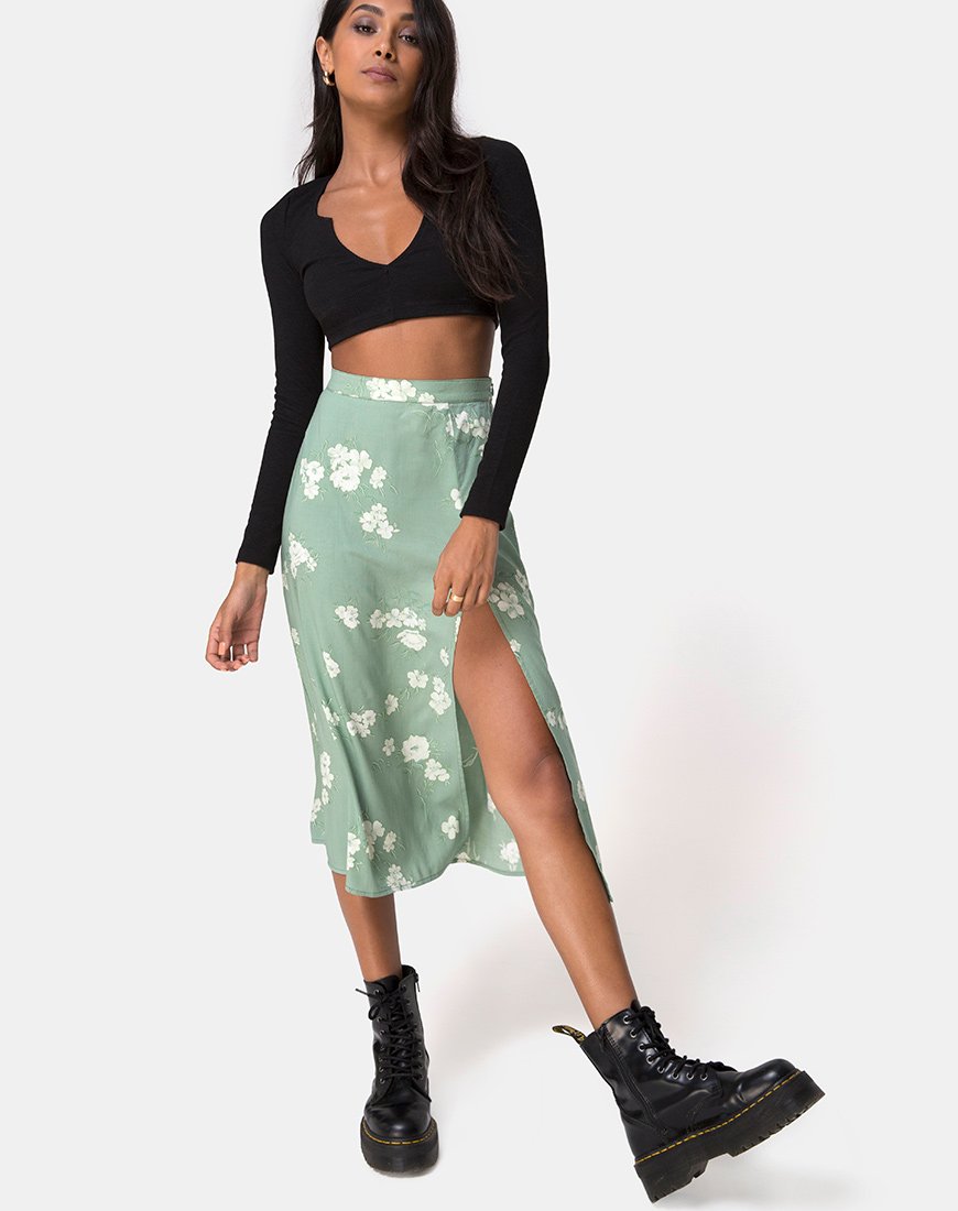 Imagen de Saika Falda Midi en Mono Flor Verde