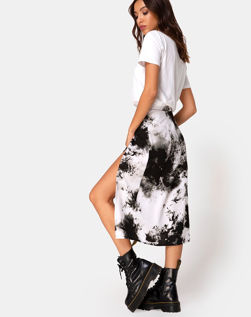 Saika Falda Midi en Mono Tie Dye Blanco y Negro
