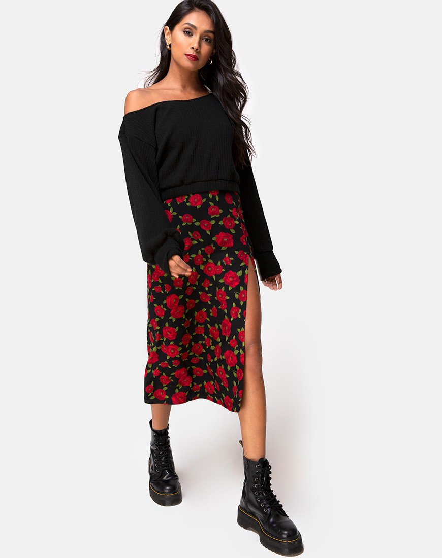Saika Falda Midi en Roaming Rose Negro