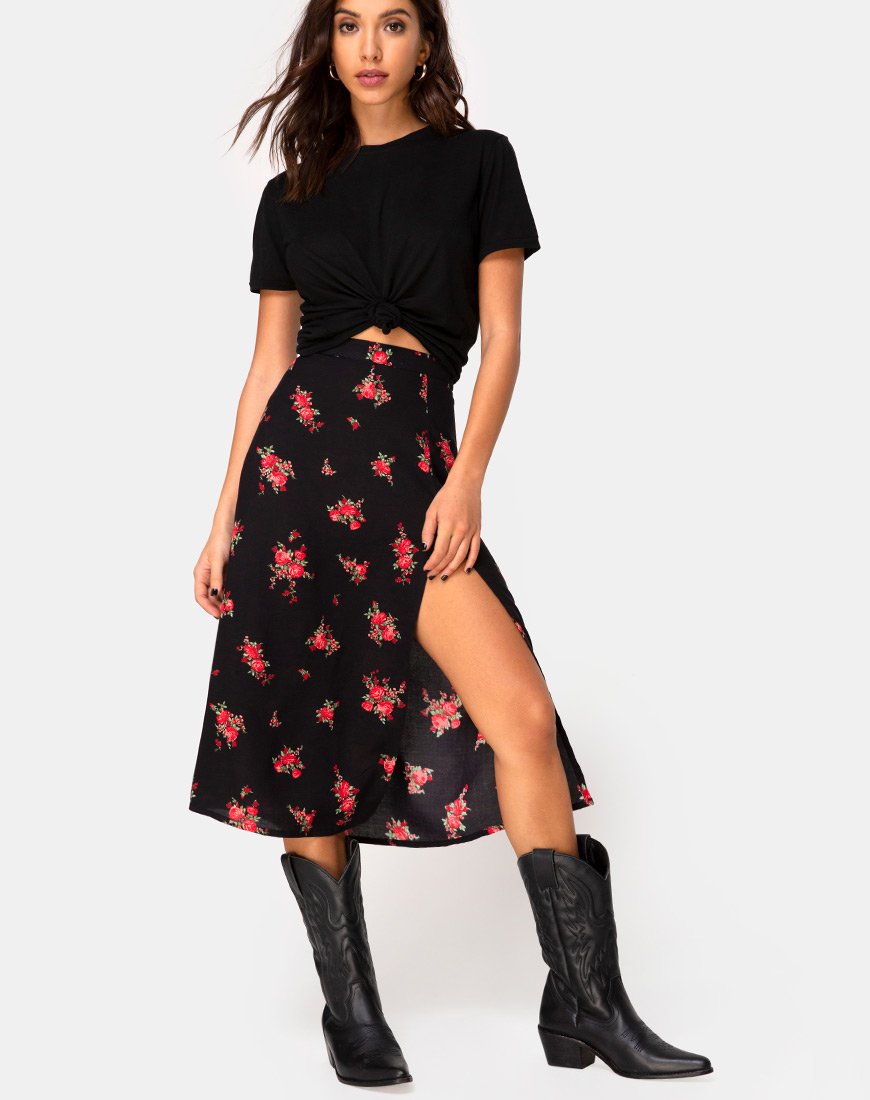 Falda Saika Midi en negro y rojo de Soi Rose