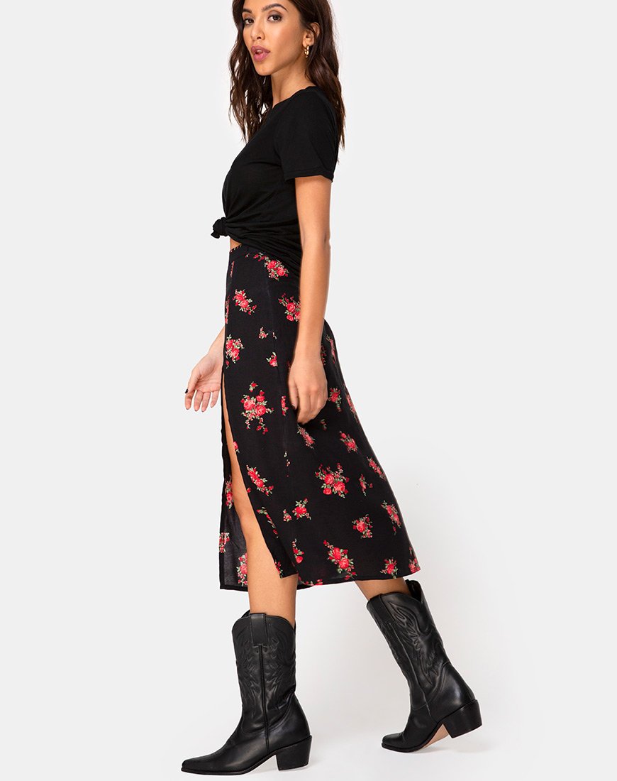 Falda Saika Midi en negro y rojo de Soi Rose