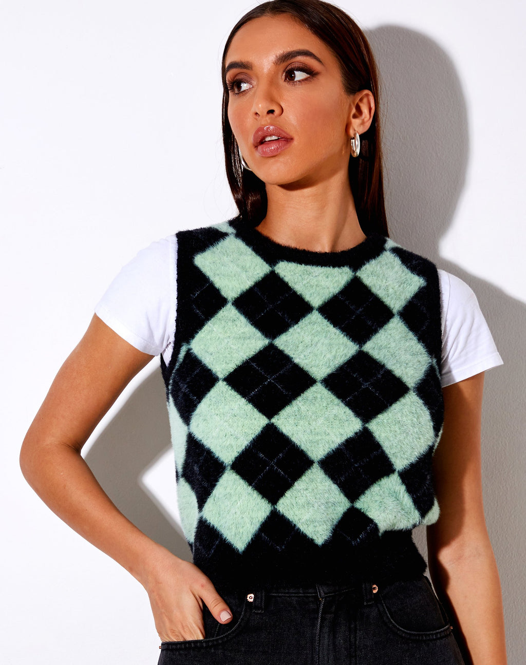 Camiseta de tirantes Saki en punto diamante negro y verde