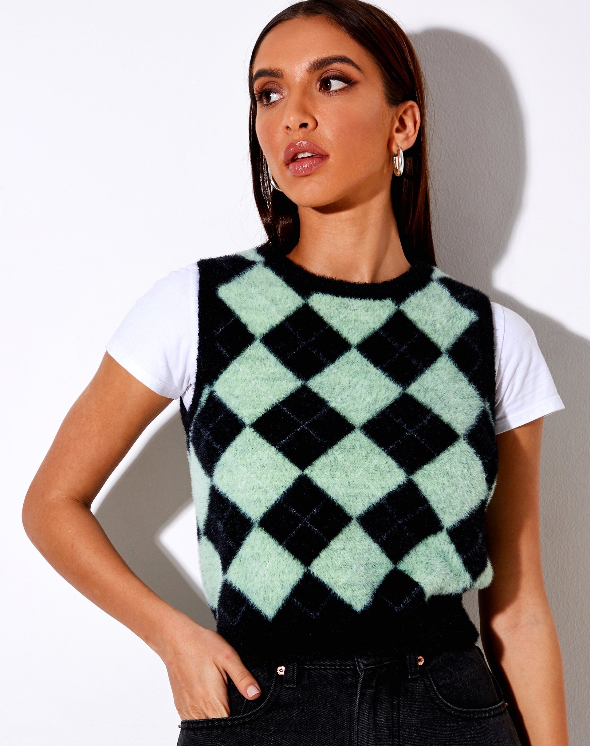 Imagen de Saki Camiseta de tirantes de punto Diamante Negro y Verde