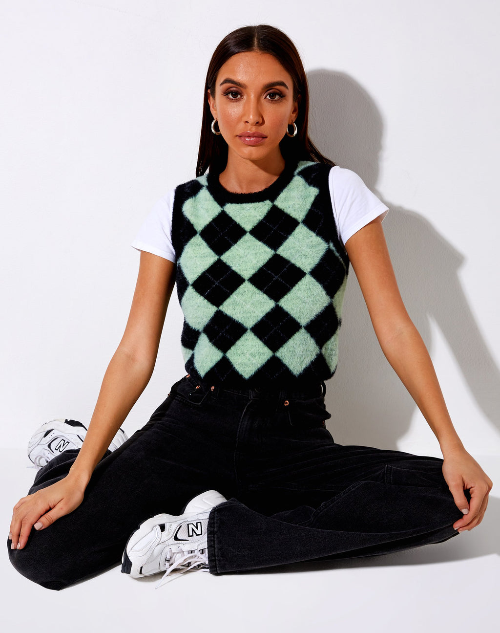Camiseta de tirantes Saki en punto diamante negro y verde