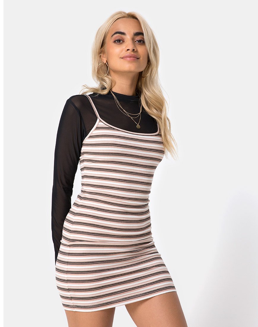 Saleh Bodycon Dress in Rib Stripe Cream Negro y tostado