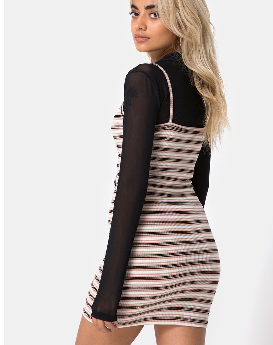 Saleh Bodycon Dress in Rib Stripe Cream Negro y tostado