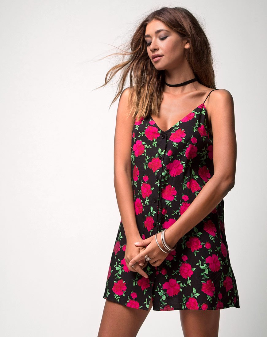 Sanna Slip Dress en Valeria Rose Negro y Rojo