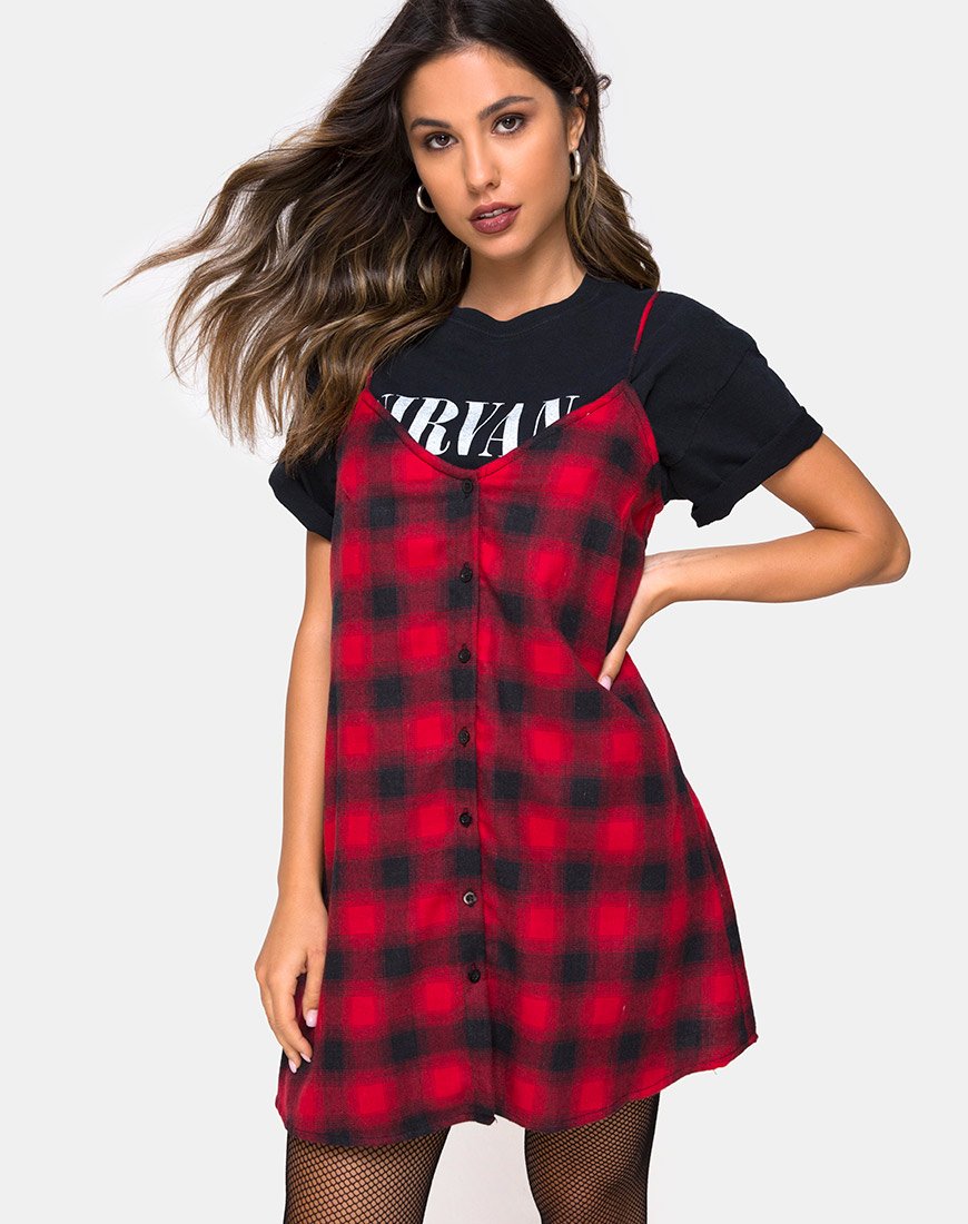 Sanna Slip Dress en Plaid Rojo Negro