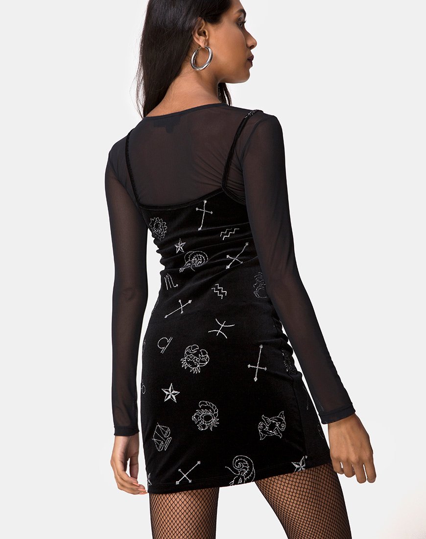 Vestido Selah de terciopelo negro con purpurina Astro mediana