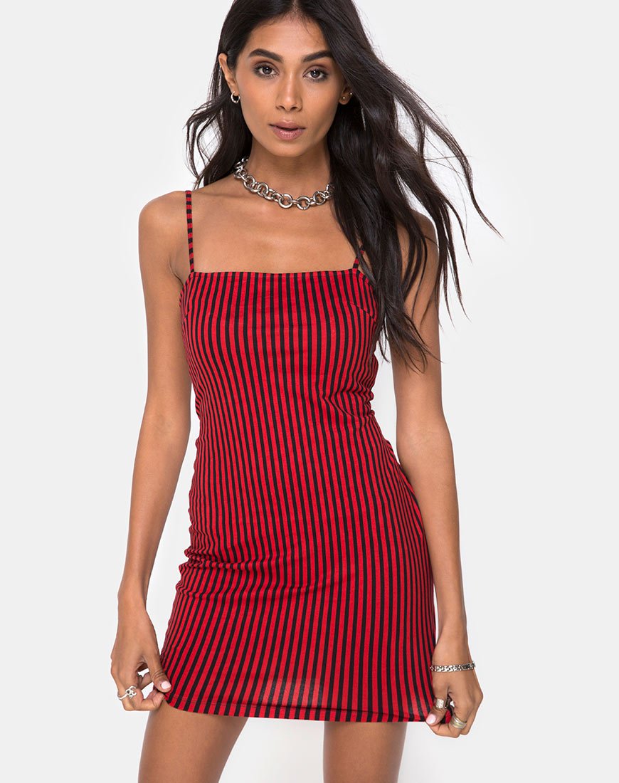 Vestido ajustado Selah en mini raya roja y negra