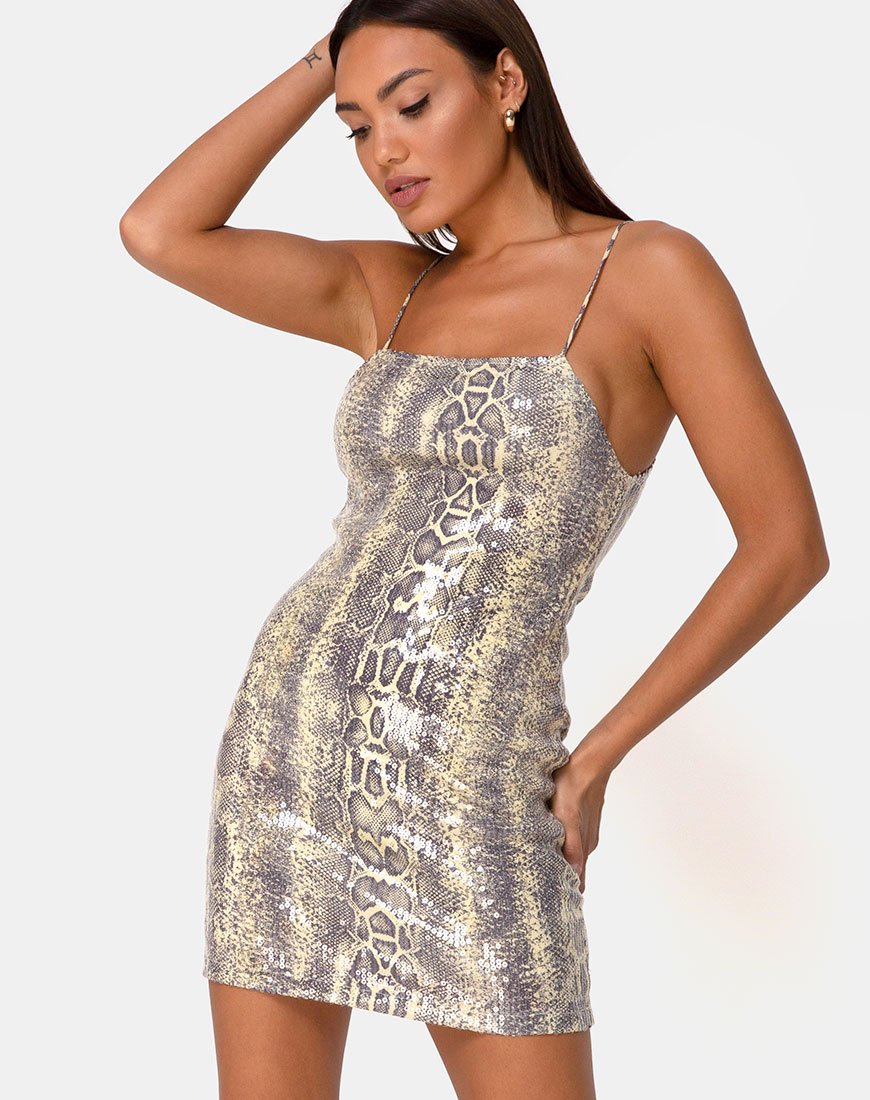 Vestido body Selana de lentejuelas transparentes y serpiente ácida