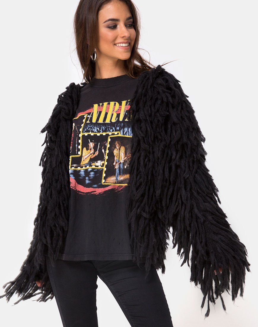 Shaggy Knit Cardi en Moheir Negro