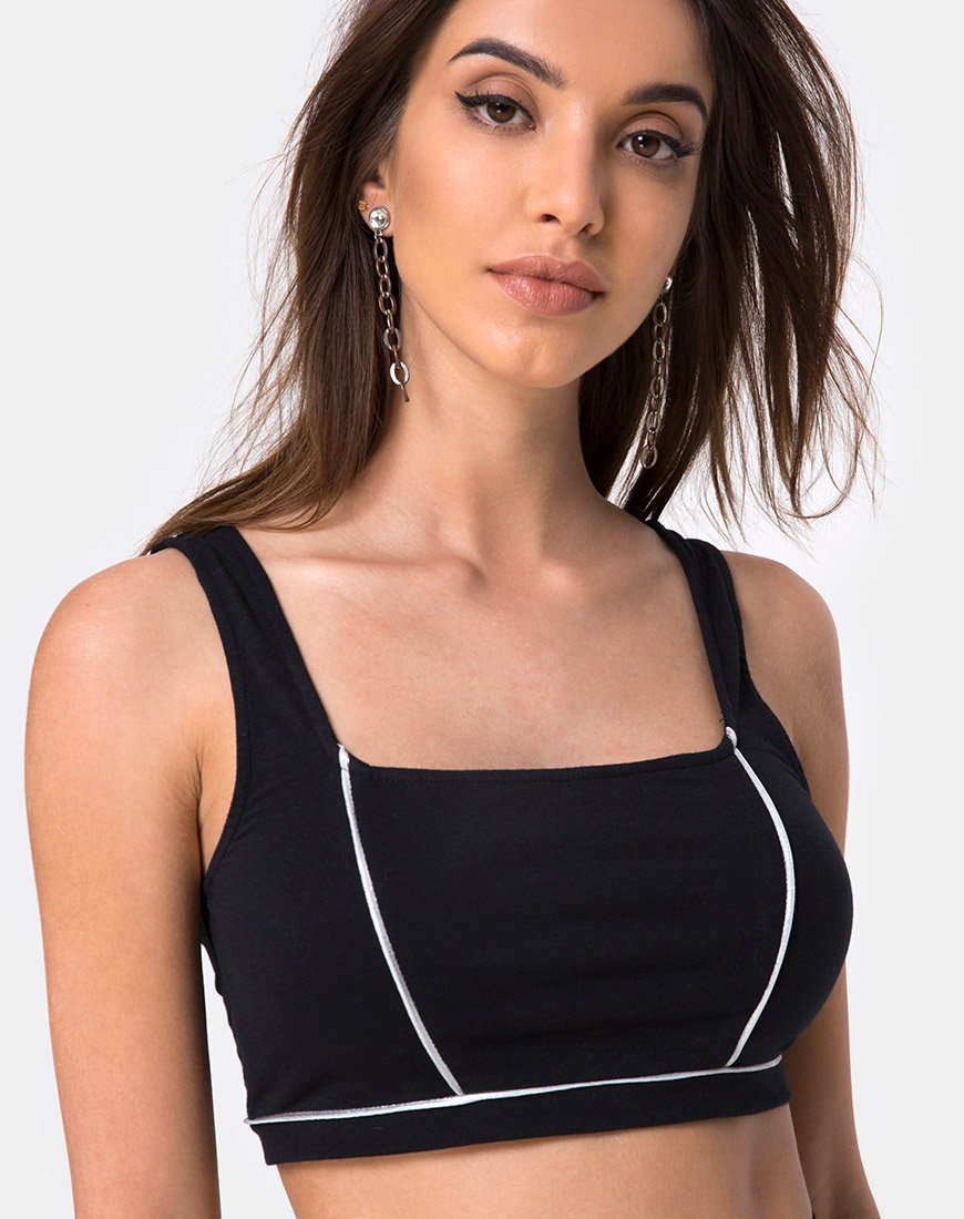 Shano Crop Top Negro con Ribetes Blancos