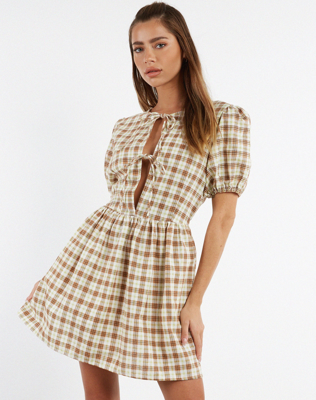 Minivestido Shirley de cuadros marrones amarillos