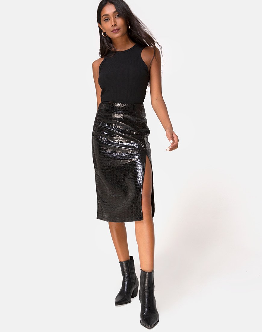 Sika Falda Midi en PU Croco Negro