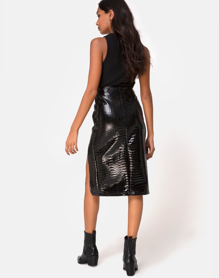 Imagen de Sika Falda Midi en PU Croco Negra