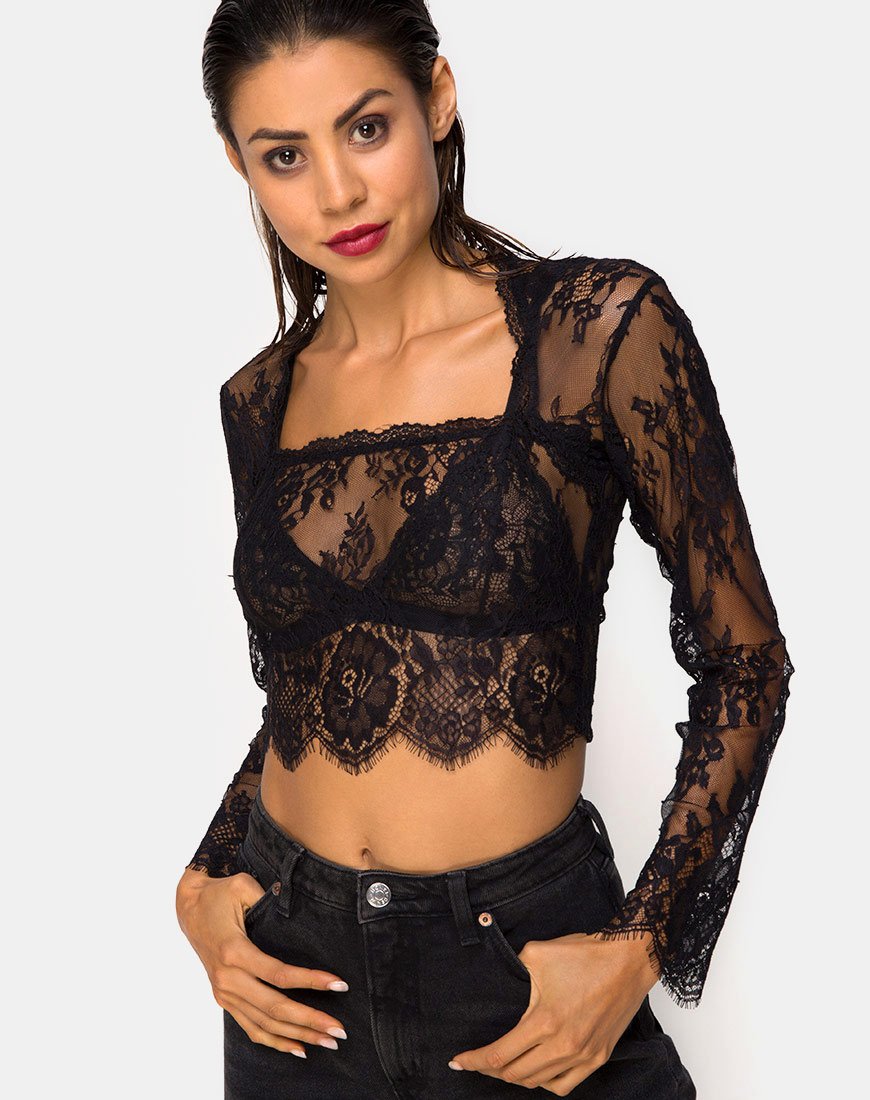 Sinhor Crop Top de encaje negro