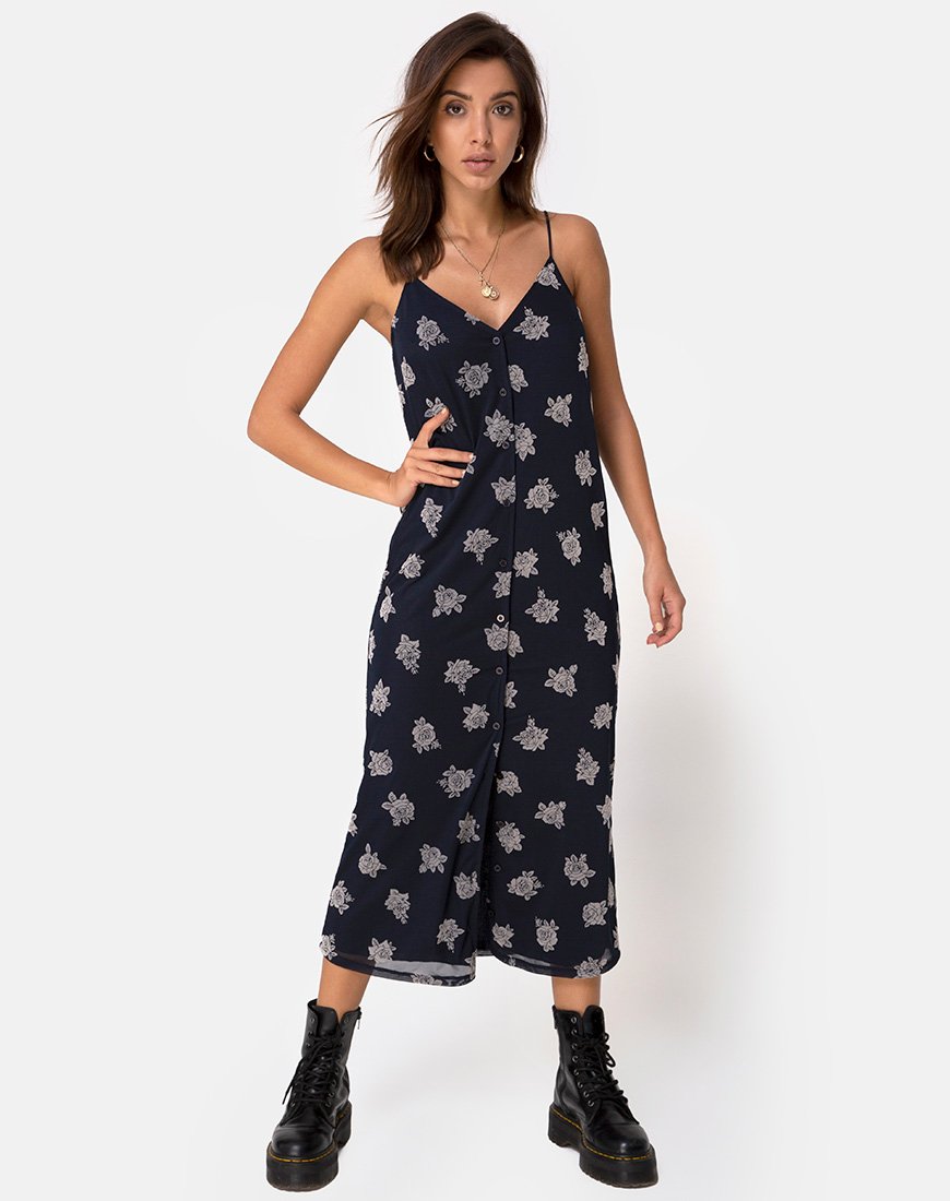 Imagen de Sini Slip Midi Dress in Rose Flock Black Mesh