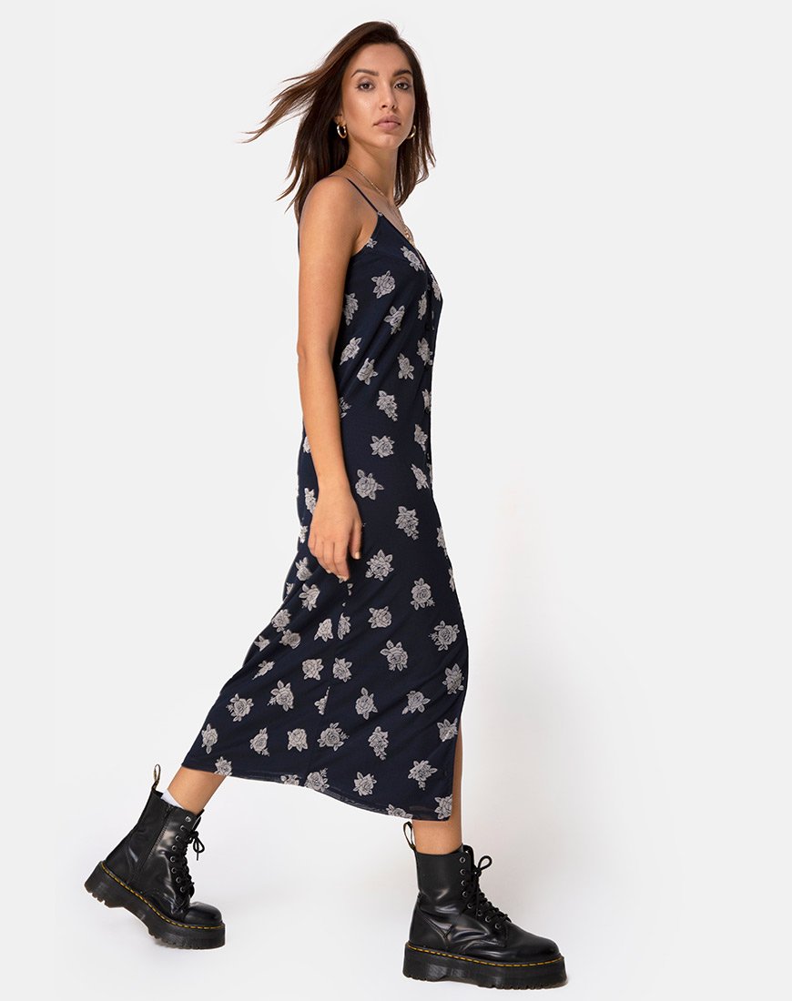 Imagen de Sini Slip Midi Dress in Rose Flock Black Mesh