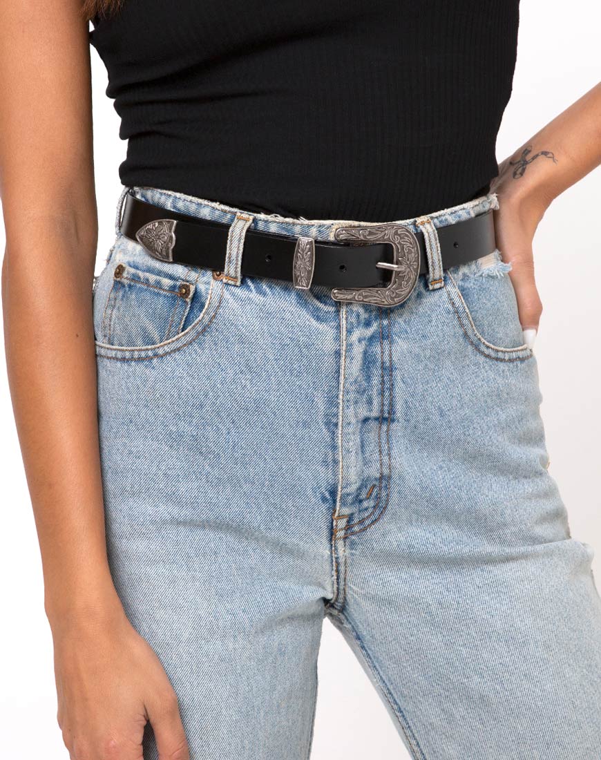 Imagen de Cinturón Western Vintage Negro con Hebilla Plateada
