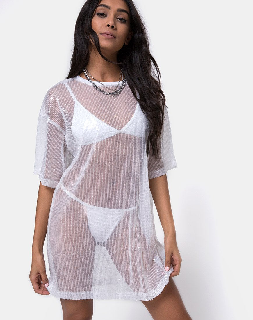 Camiseta Sunny Kiss de lentejuelas transparentes blancas y transparentes