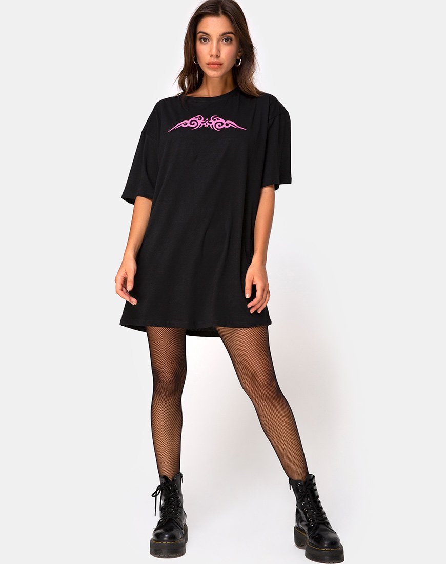Imagen de Sunny Kiss Oversize Tee in Black with Pink Tribal