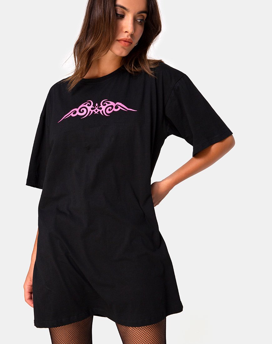 Imagen de Sunny Kiss Oversize Tee in Black with Pink Tribal