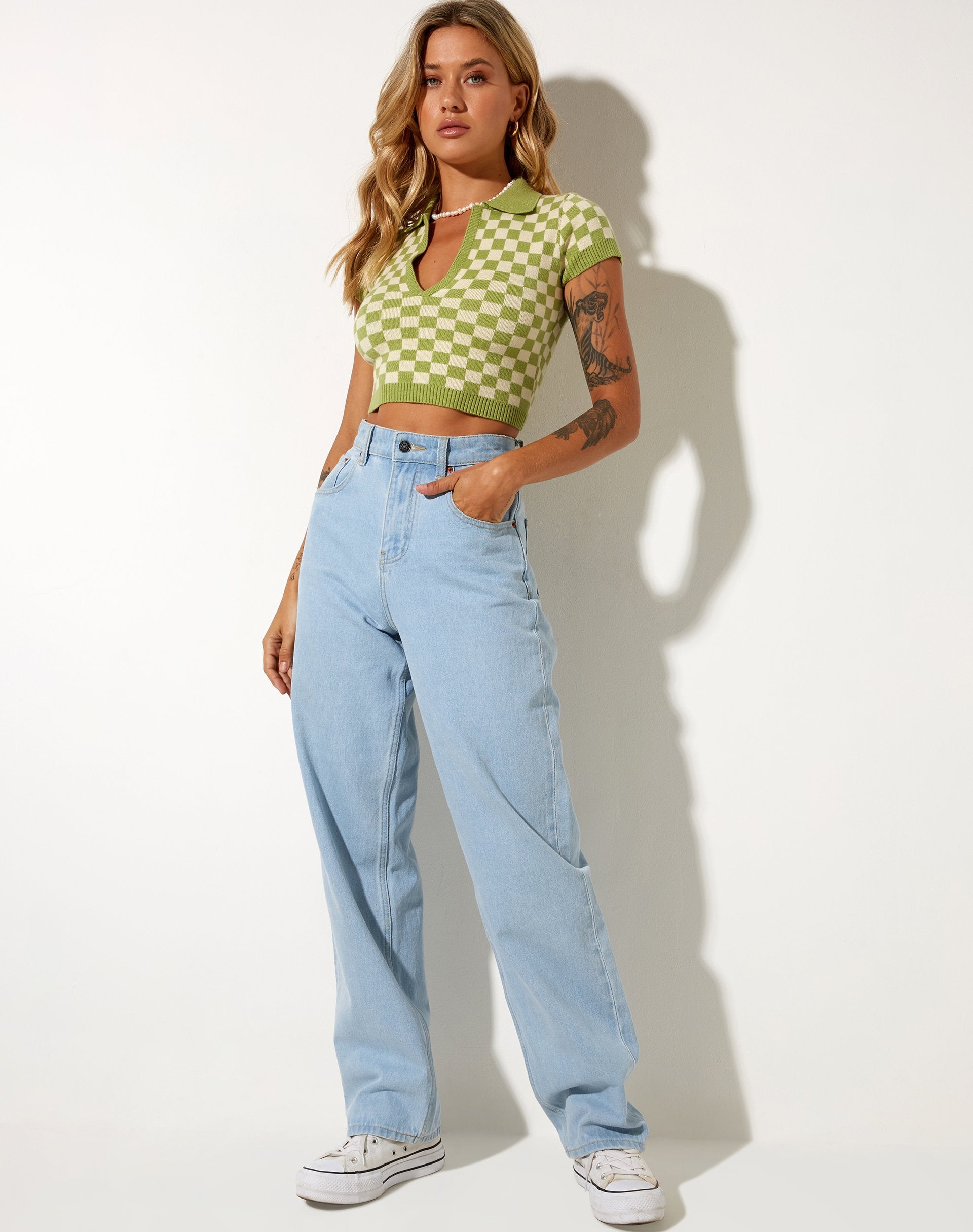 Imagen de Tamma Crop Top en Crochet Checkerboard Verde y Crema