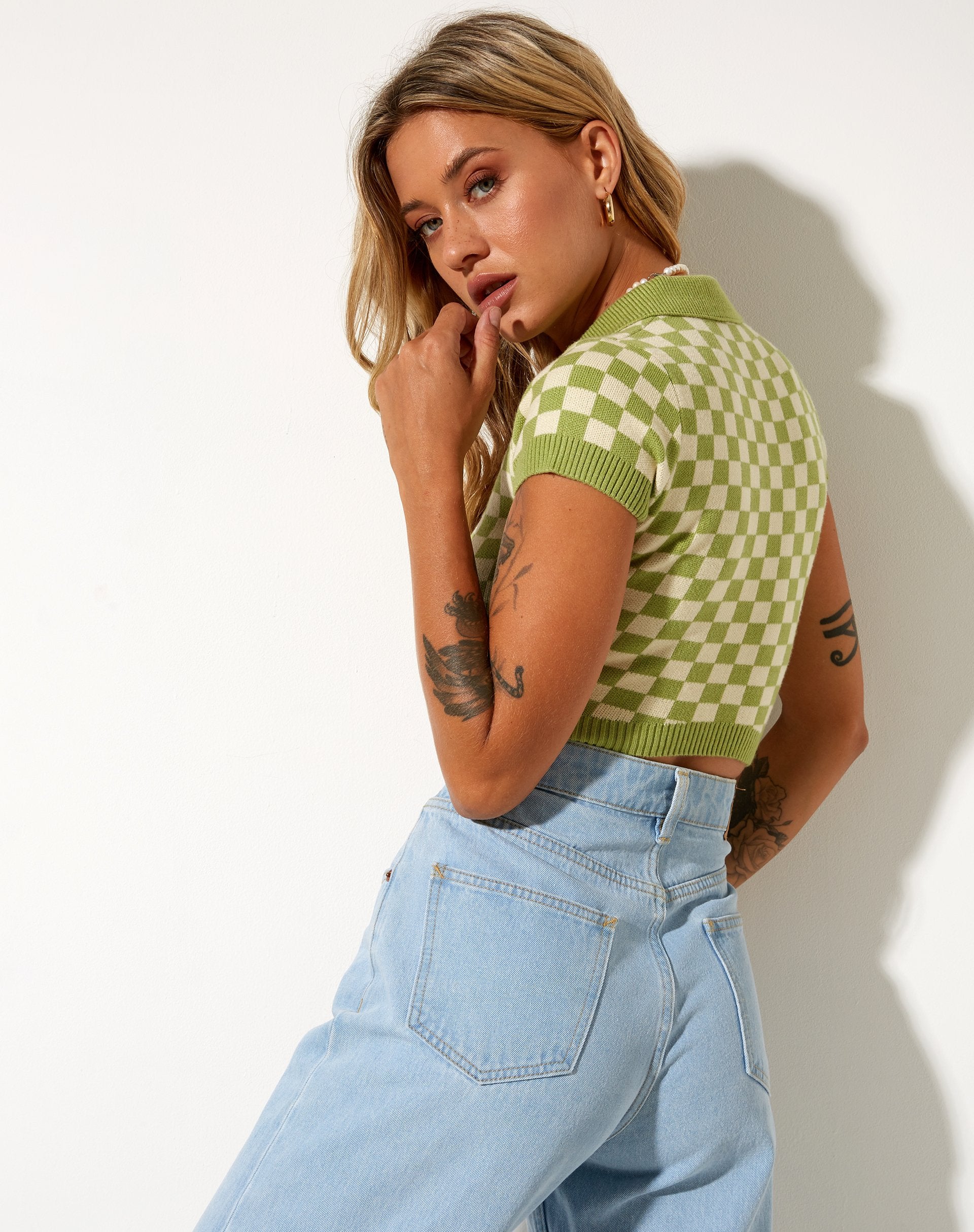Imagen de Tamma Crop Top en Crochet Checkerboard Verde y Crema