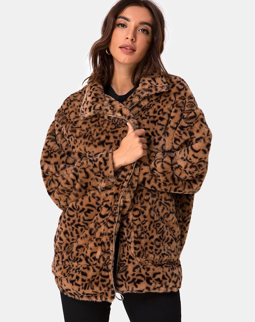 Abrigo de piel de oso Teddy en leopardo marrón
