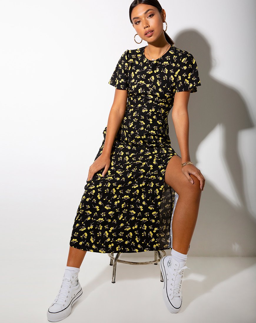 Maxivestido Tinata en negro y amarillo Buttercup