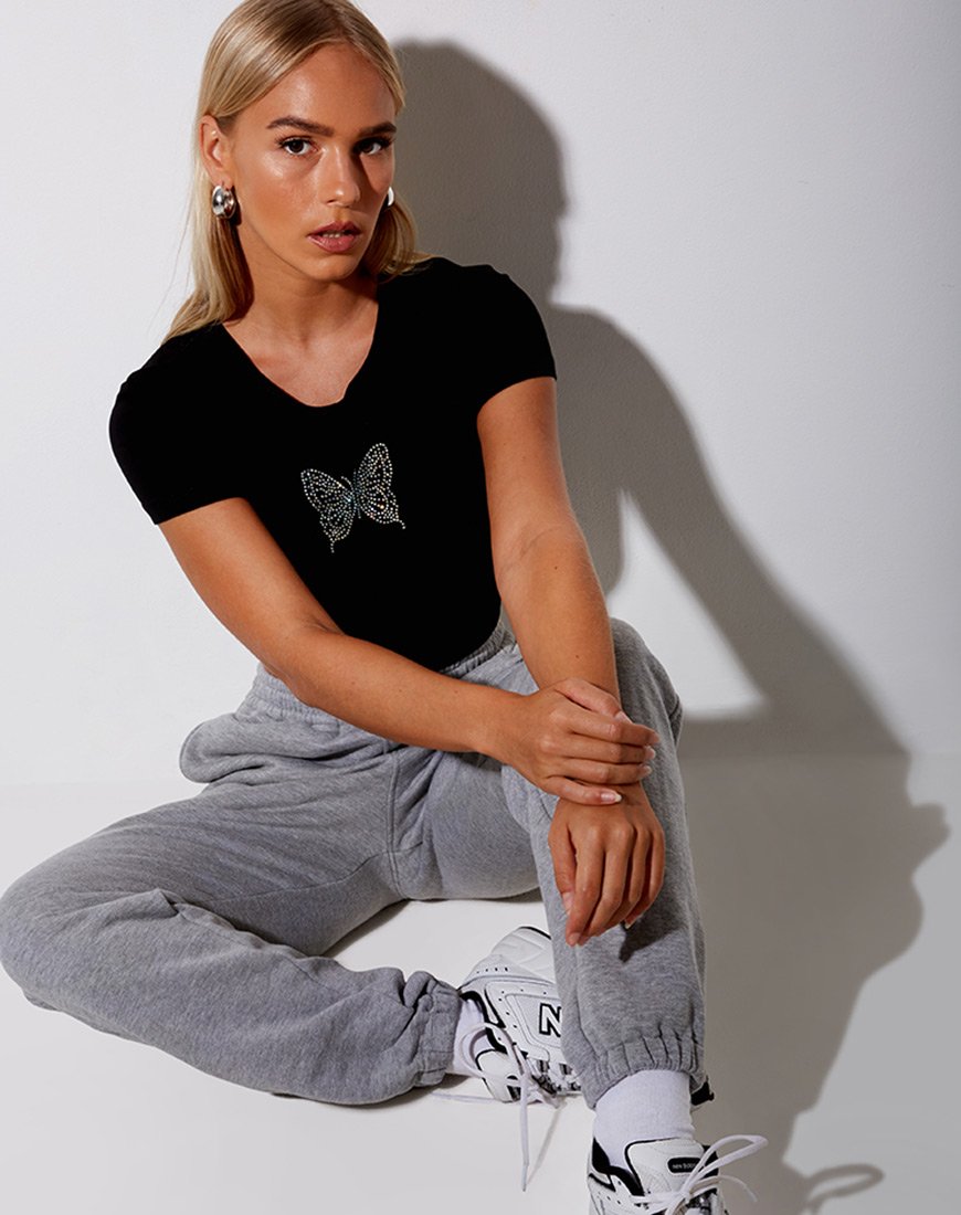 Camiseta Tiney Crop Tee en negro Butterfly Hotfix
