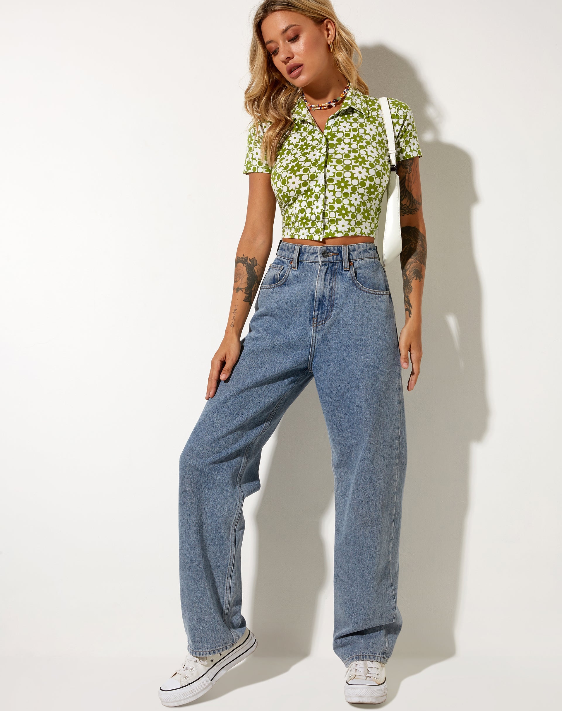 Imagen de Wuma Cropped Shirt in Patchwork Daisy Green