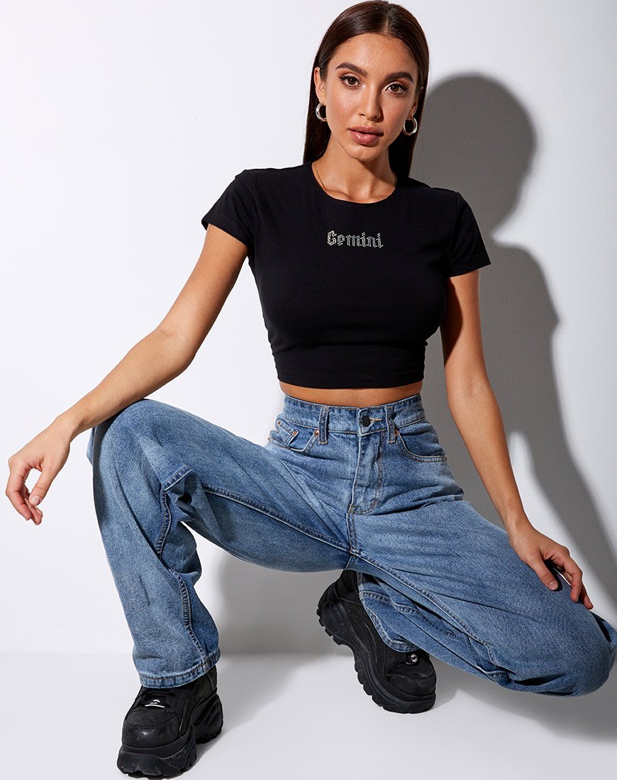 Camiseta Tiney Crop Tee en negro 'Gemini' Diamante