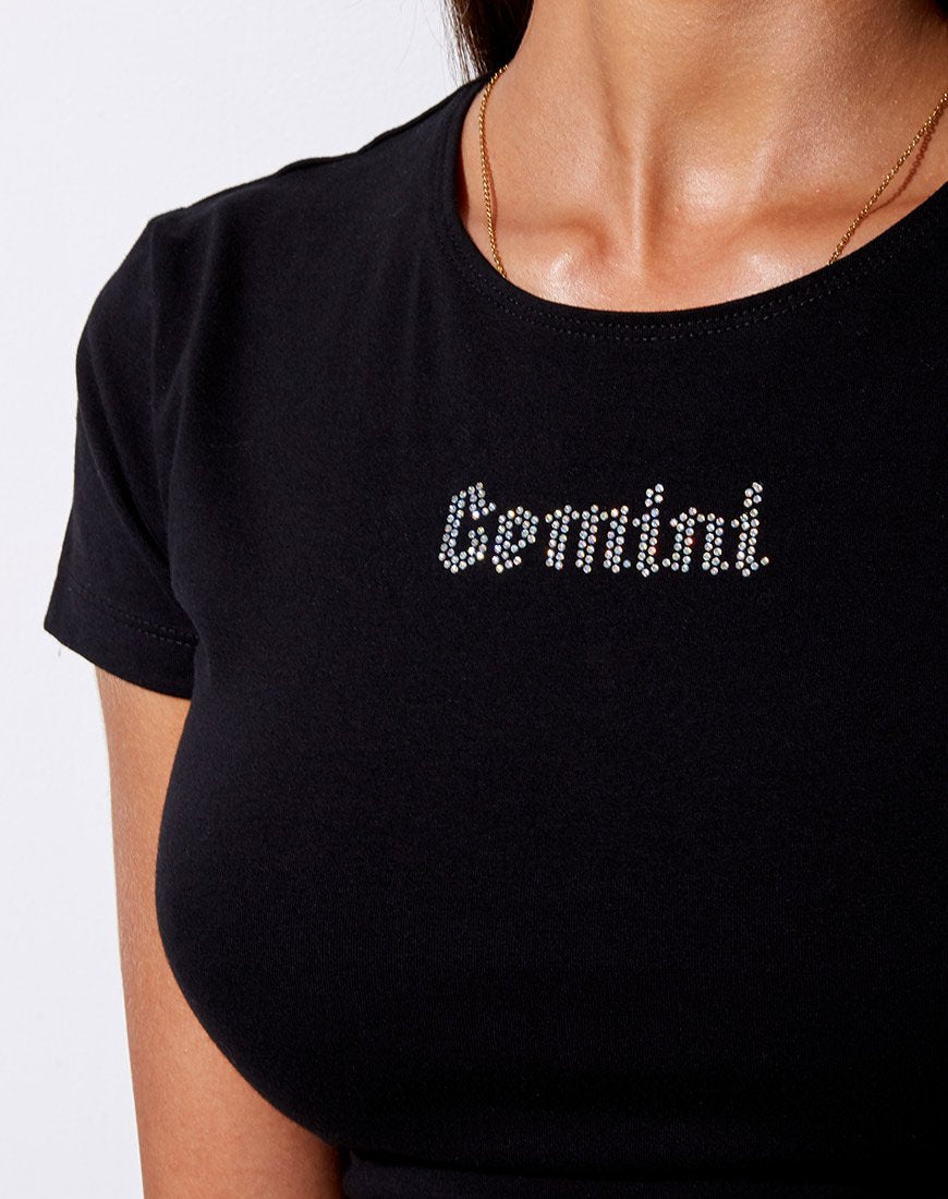 Camiseta Tiney Crop Tee en negro 'Gemini' Diamante
