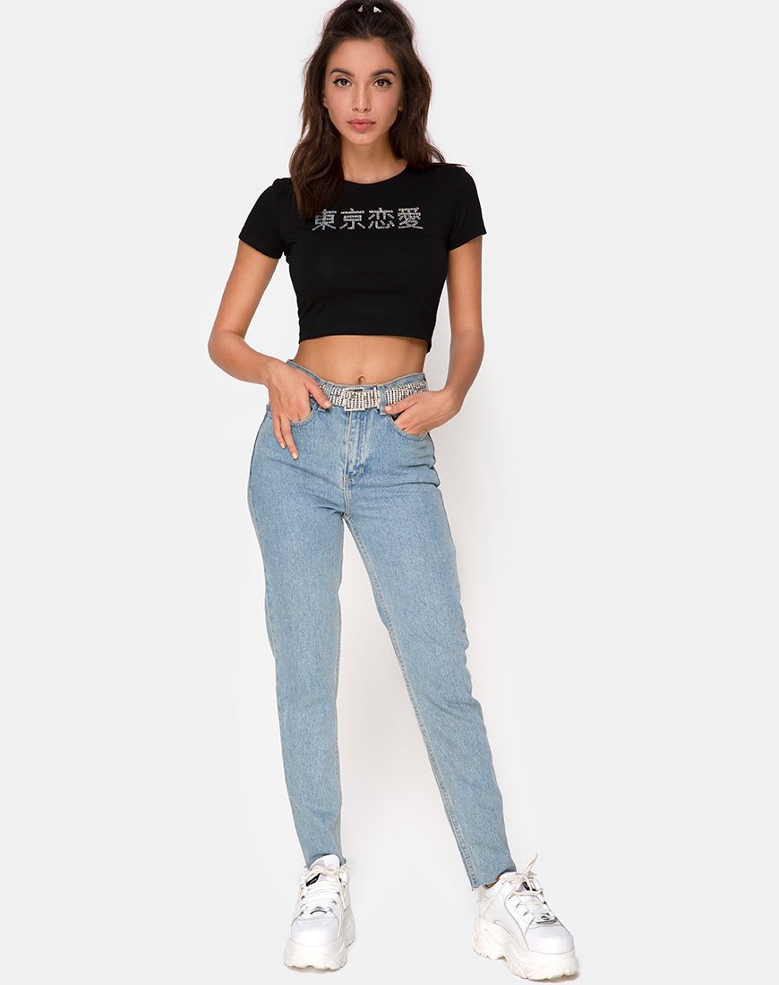Imagen de Tiney Crop Top Tee in Black with Diamante Hotfix